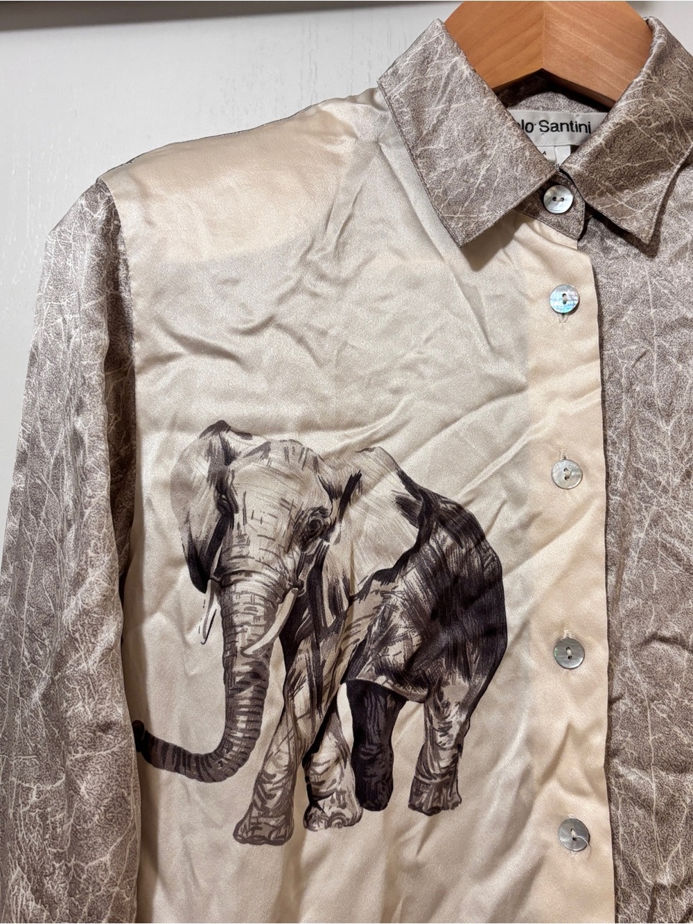 Paolo Santini Women Cream Elephant Print Button Down Blouse Size 4 Silk 80s